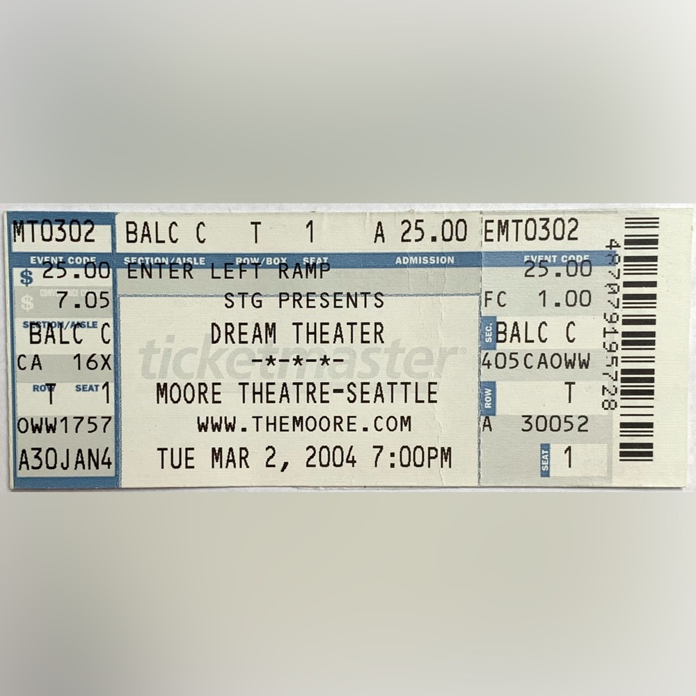 2004 Dream Theater Concert Ticket Stub Seattle Washington Moore Vintage